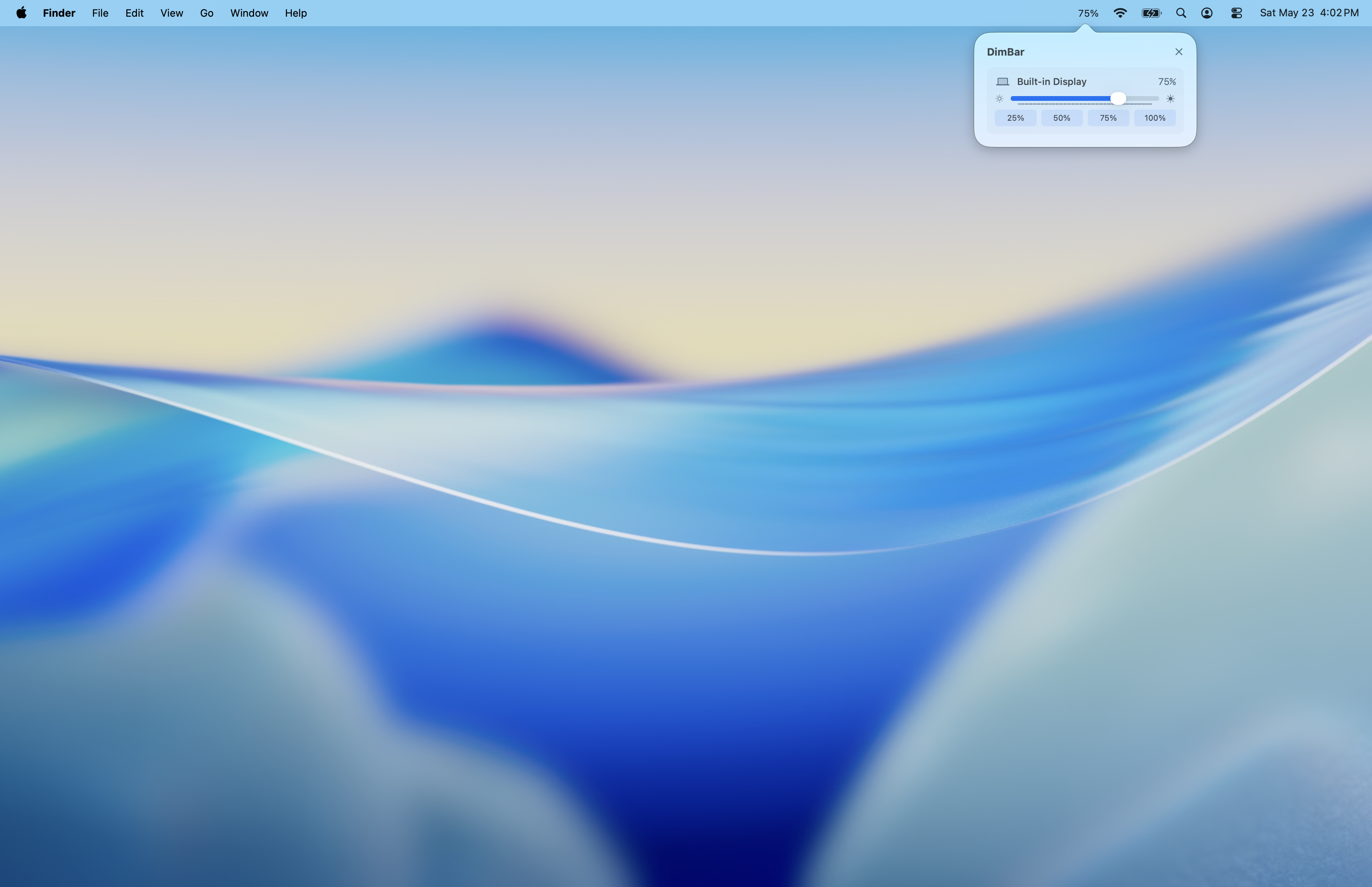 DimBar single display view with brightness slider and preset buttons