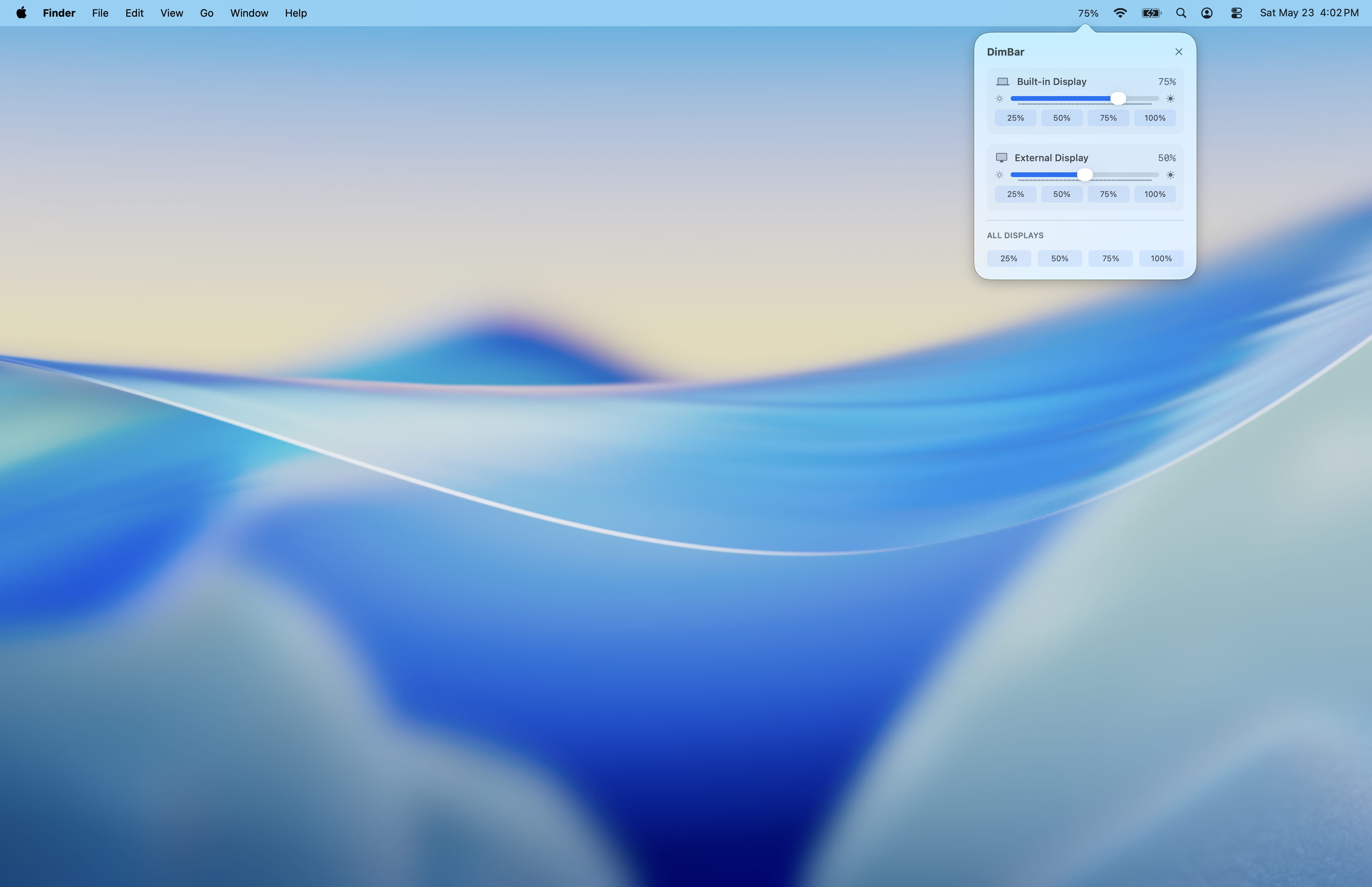 DimBar controlling two displays at different brightness levels
