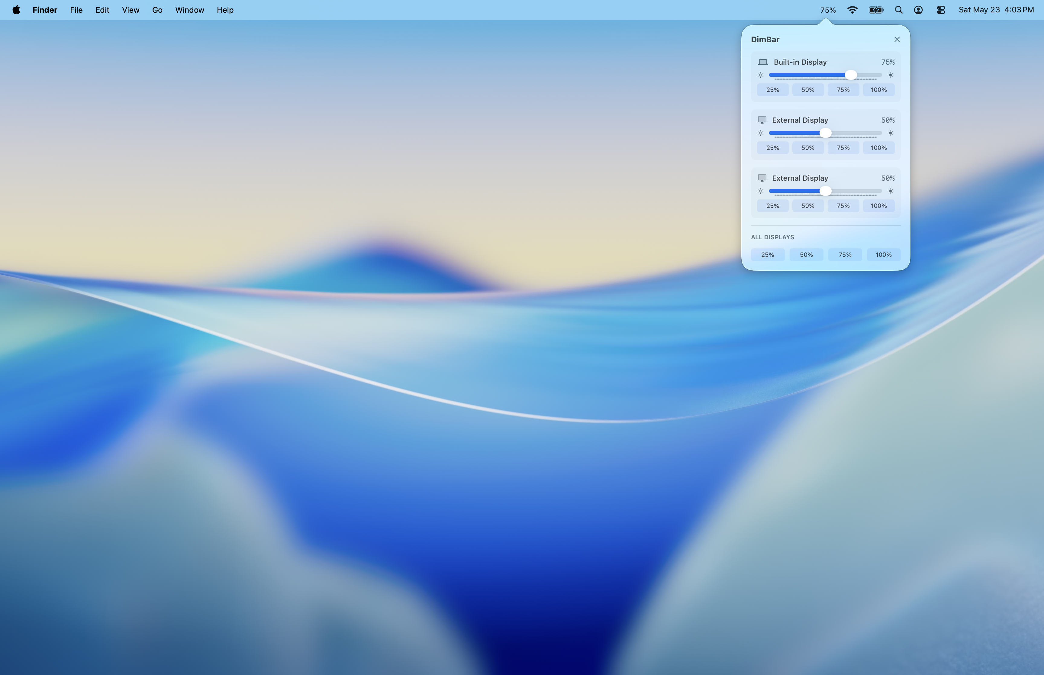DimBar controlling three displays with All Displays sync