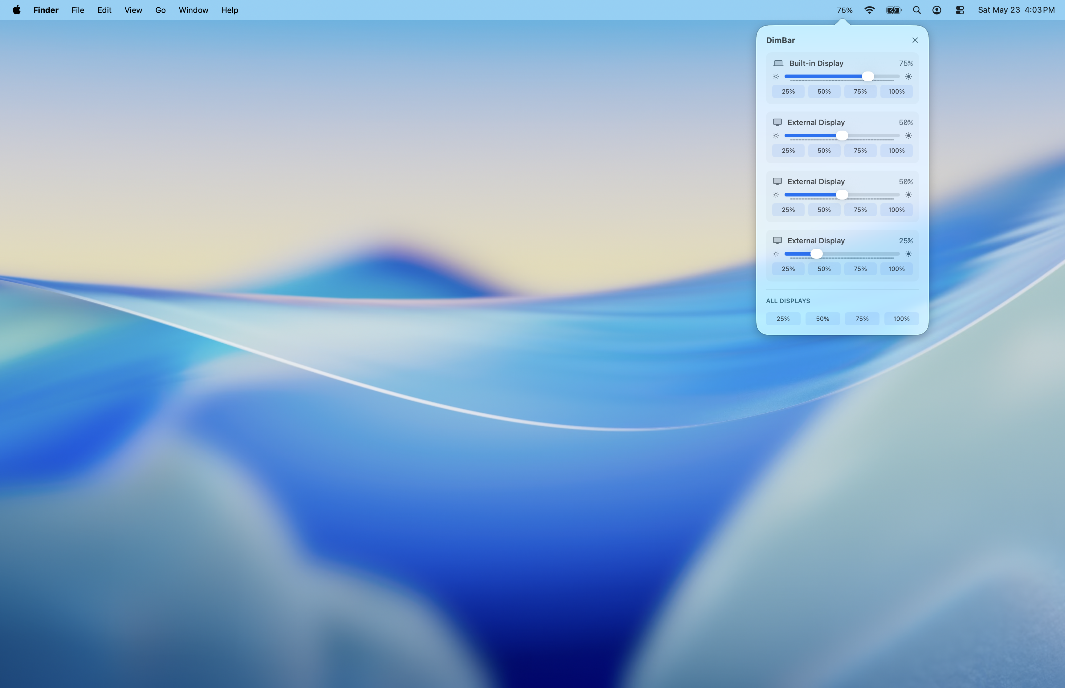 DimBar controlling four displays with individual brightness controls
